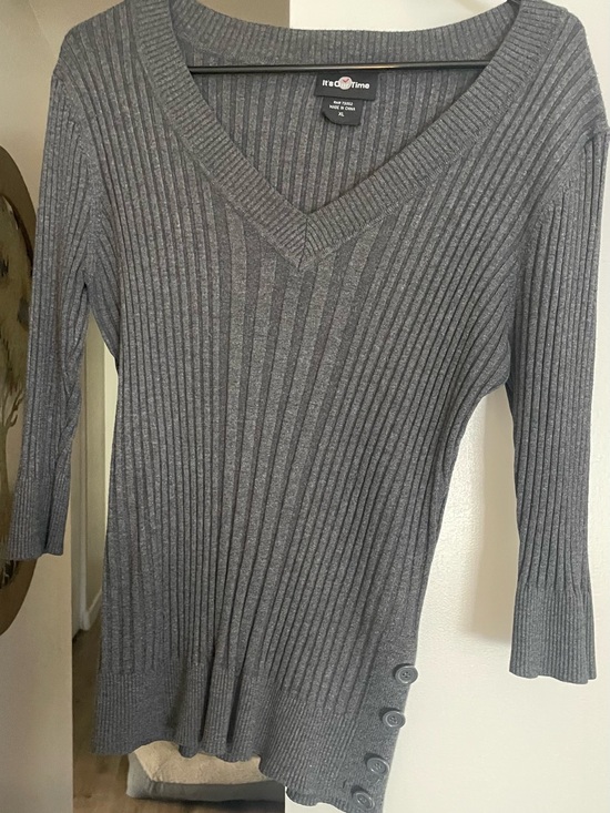 It's Our Time Sweaters - It's Our Time Ribbed V-Neck Tunic Sweater - Charcoal Gray